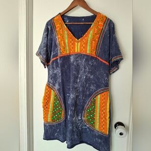 Blue Dye With Embroidered Details Short Sleeve Boxy Tunic Dress With Pockets M/L
